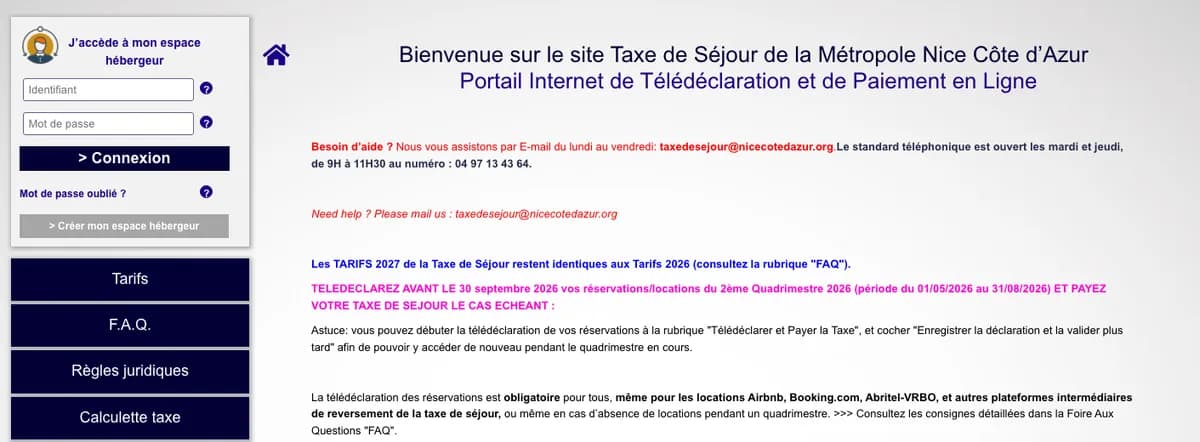 Page d'accueil du portail de la taxe de séjour de la Métropole Nice Côte d'Azur, encadré de connexion