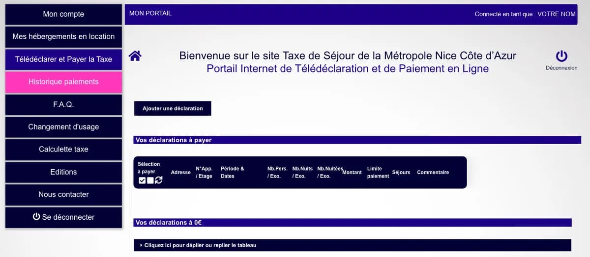 Menu du portail une fois connecté, bouton « Ajouter une déclaration »