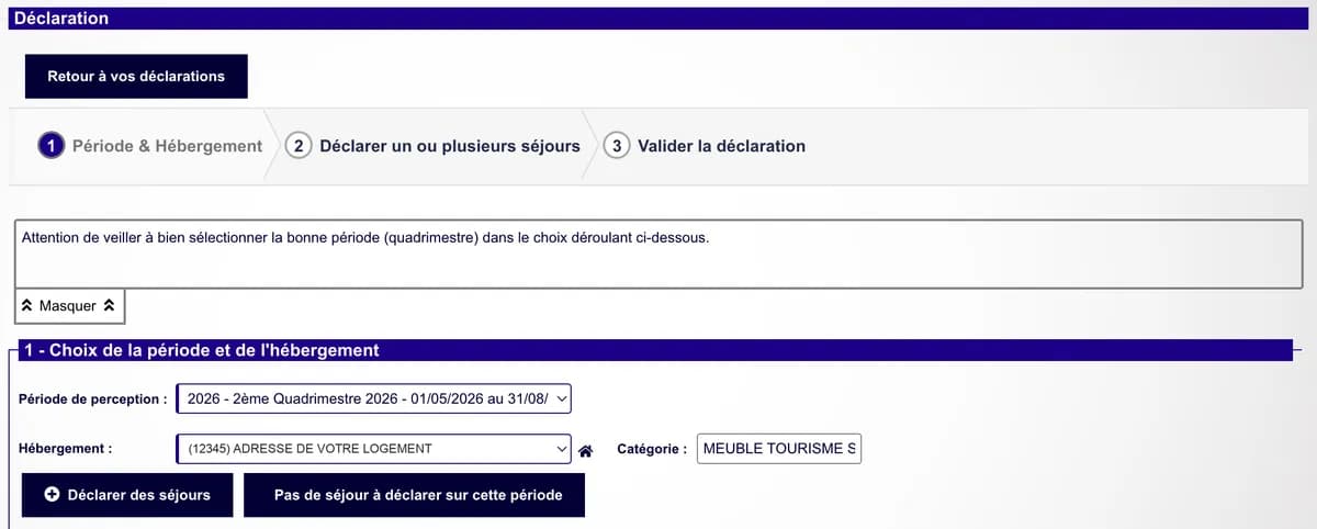 Étape 1 du formulaire : choix de la période de perception et de l'hébergement