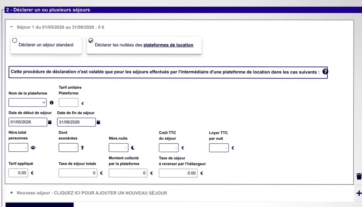 Étape 2 : formulaire d'un séjour de plateforme, avec plateforme, dates, personnes, exonérés et coût TTC