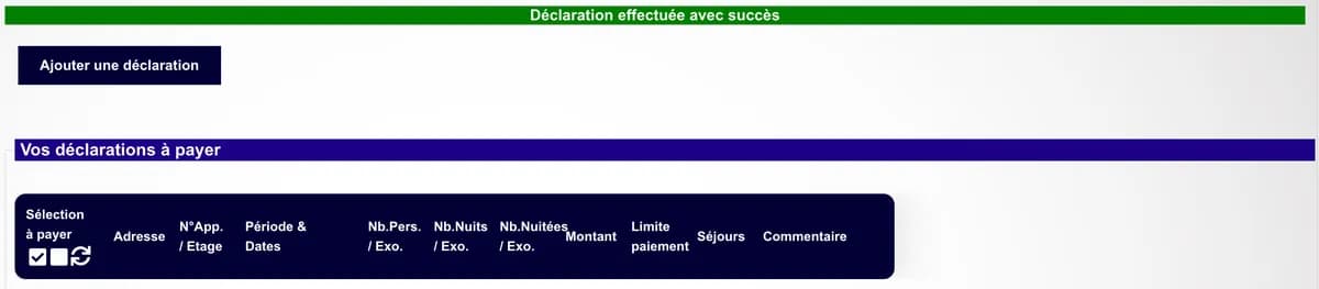 Message « Déclaration effectuée avec succès » sur le portail